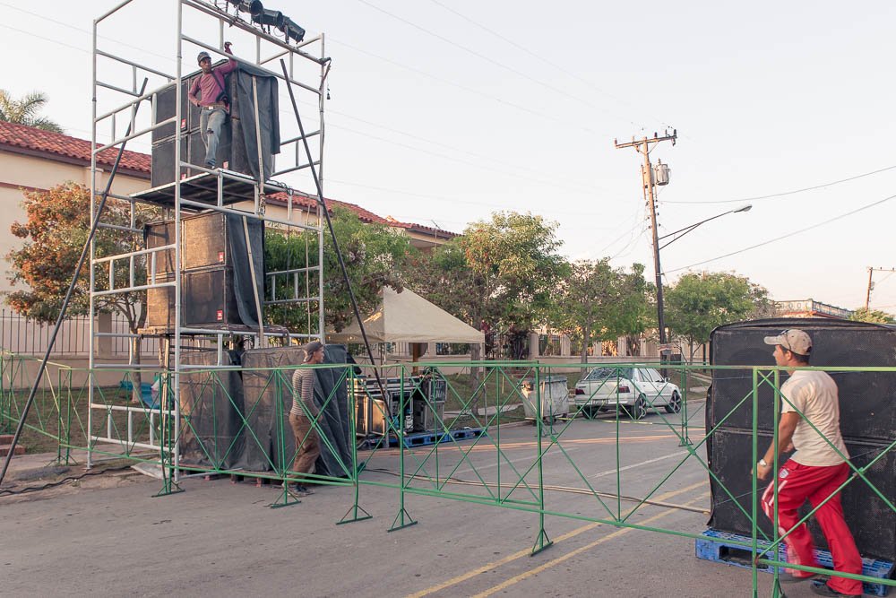 Here's some of the speakers being set up to blast music at the small town fair. Main street—not very quiet.